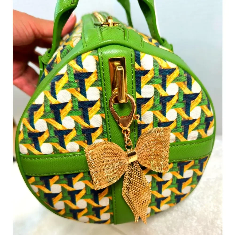 Tory Burch Green Nylon & Leather Boston Satchel Gold Hardware Bag Charm
